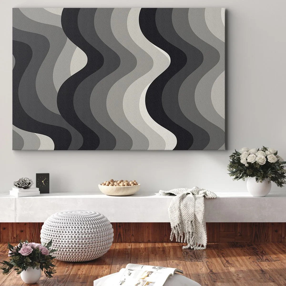 Obraz na płótnie - Czarno-białe faliste wzory w odcieniach szarości - 70x50cm - Fala za falą - Nowoczesna dekoracja ścienna do salonu i sypialni ARTTOR