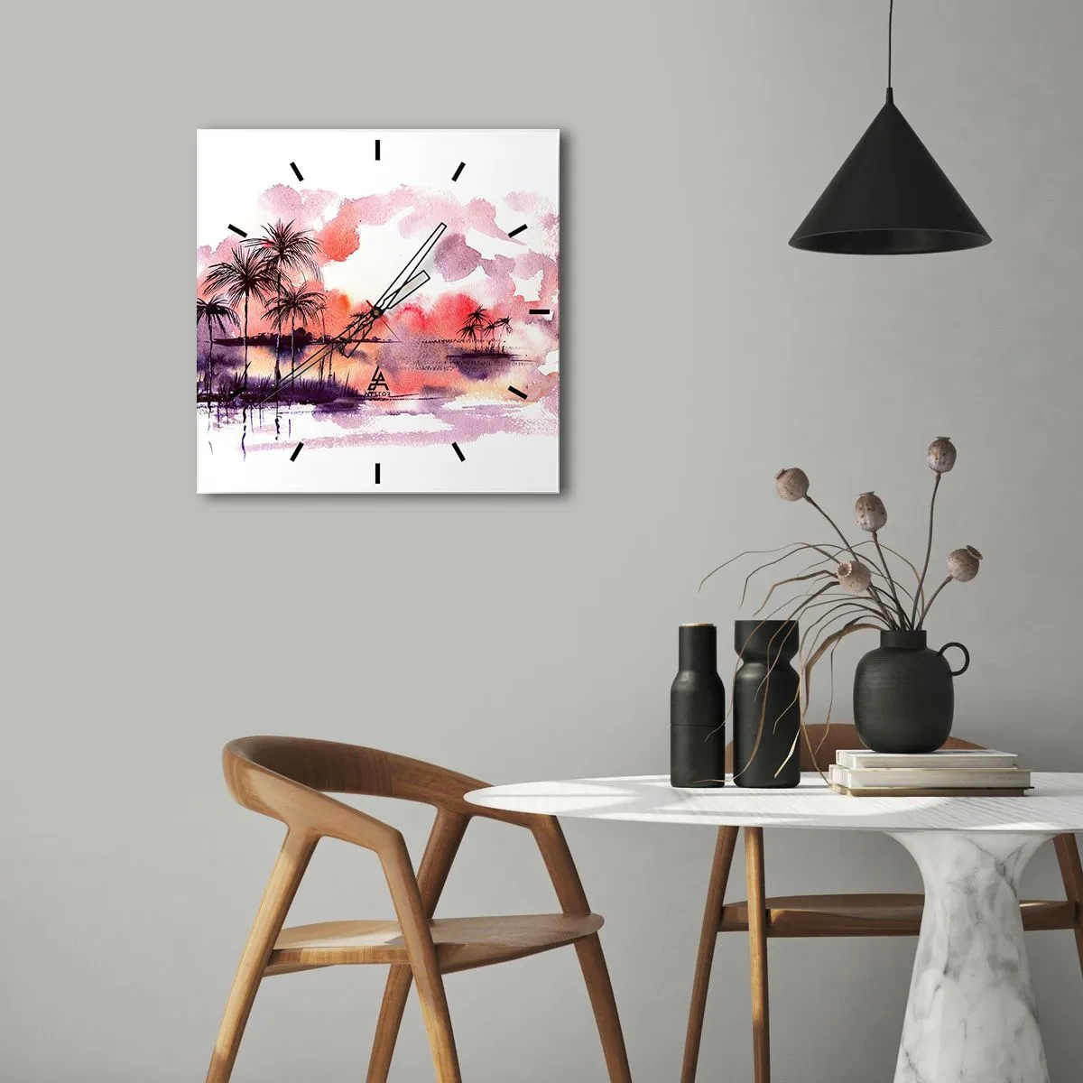 Zegar ścienny - Tropikalny pejzaż z palmami o zachodzie słońca w akwareli - 30x30cm - Spokój tropików w czerwieni - Nowoczesna dekoracja ścienna do salonu i sypialni ARTTOR