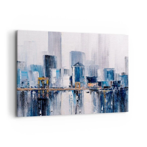 Obraz na płótnie - Abstrakcyjna panorama miasta z odcieniami błękitu i żółci - 100x70cm - Nowojorska impresja - Nowoczesna dekoracja ścienna do salonu, kuchni i sypialni ARTTOR