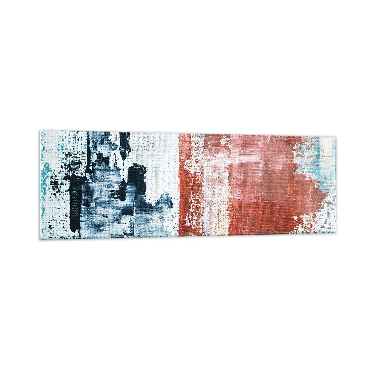 Obraz na szkle - Abstrakcja w biało-niebieskich i ceglanych barwach - 160x50cm - Abstrakcyjne pół na pół - Nowoczesna dekoracja ścienna do salonu i sypialni ARTTOR