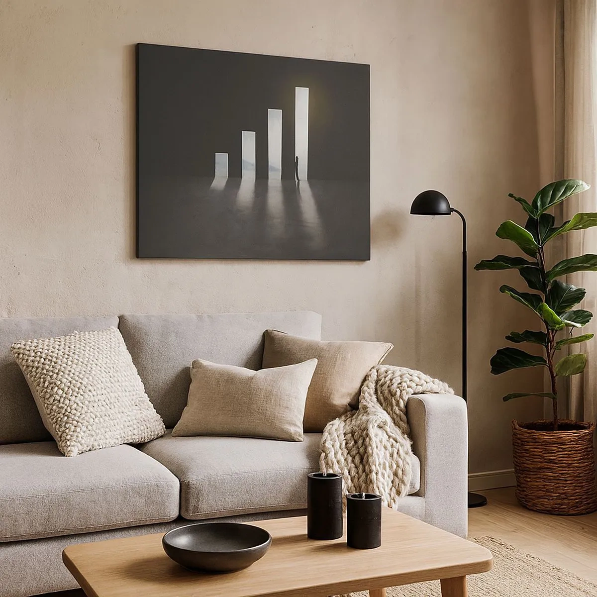 Obraz na płótnie - Symboliczny wzrost w postaci przejść oświetlonych światłem - 70x50cm - Sukces – impresja - Nowoczesna dekoracja ścienna do salonu i sypialni ARTTOR