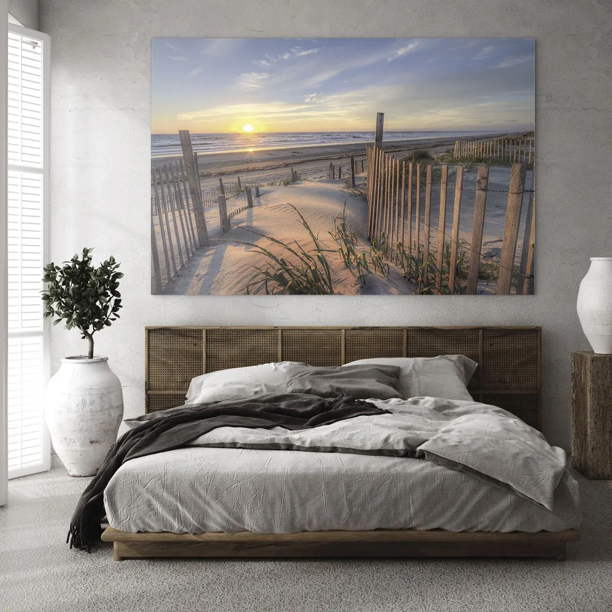 Obraz na szkle - Plaża z wydmami o zachodzie słońca - 70x50cm - Blask i cień wiatru - Nowoczesna dekoracja ścienna do salonu i sypialni ARTTOR