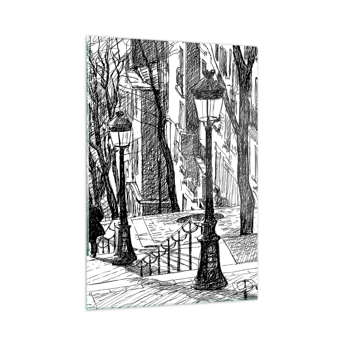 Obraz na szkle - Czarno-biały rysunek miejskiej uliczki z latarniami - 50x70cm - Historia miłosna czy opowieśc grozy? - Nowoczesna dekoracja ścienna do salonu, kuchni i sypialni ARTTOR