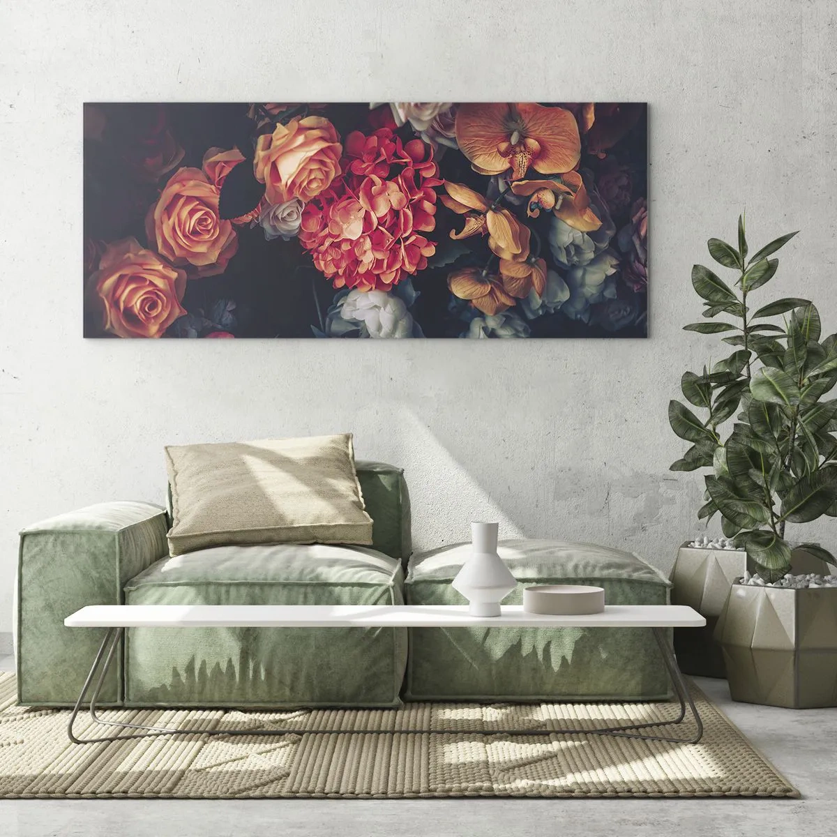 Obraz na szkle - Bukiet różnorodnych kwiatów w ciemnej tonacji - 120x50cm - Jak u holenderskich mistrzów - Nowoczesna dekoracja ścienna do salonu i sypialni ARTTOR