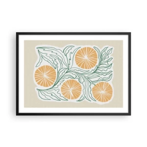 Plakat w czarnej ramie - Minimalistyczny motyw pomarańczy z zielonymi liśćmi - 70x50cm - Etnicznie z nutą abstrakcji - Nowoczesna dekoracja ścienna do salonu i sypialni ARTTOR