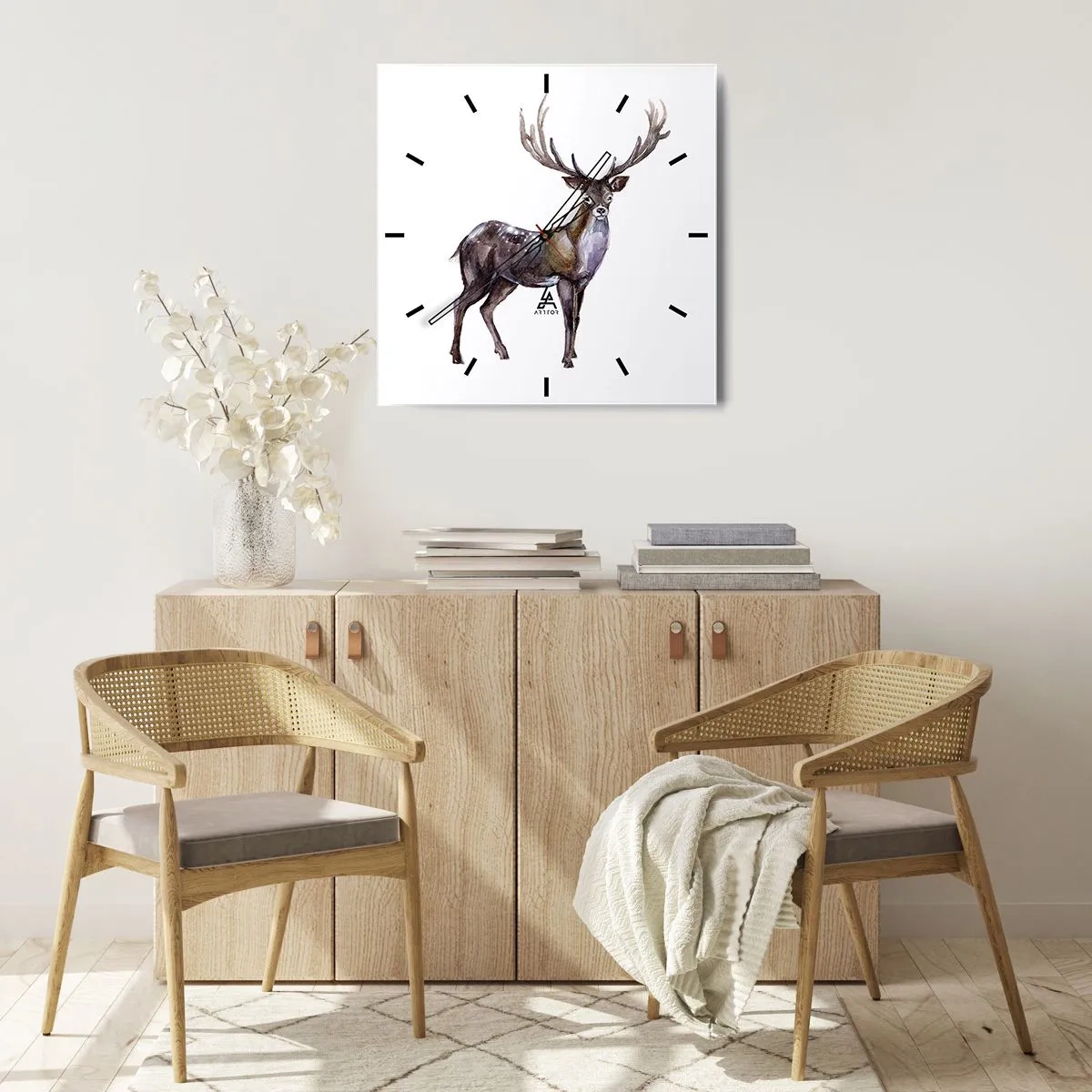 Zegar ścienny - Akwarelowa ilustracja jelenia z majestatycznym porożem - 30x30cm - Król północnej puszczy - Nowoczesna dekoracja ścienna do salonu i sypialni ARTTOR