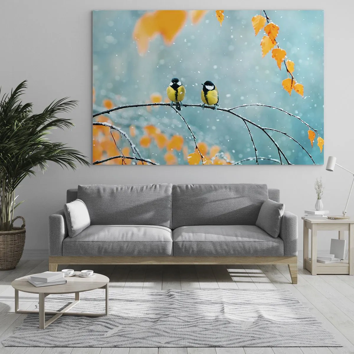 Obraz na szkle - Dwie sikorki siedzące na gałązce wśród opadających liści - 100x70cm - Ptasie plotki - Nowoczesna dekoracja ścienna do salonu, kuchni i sypialni ARTTOR