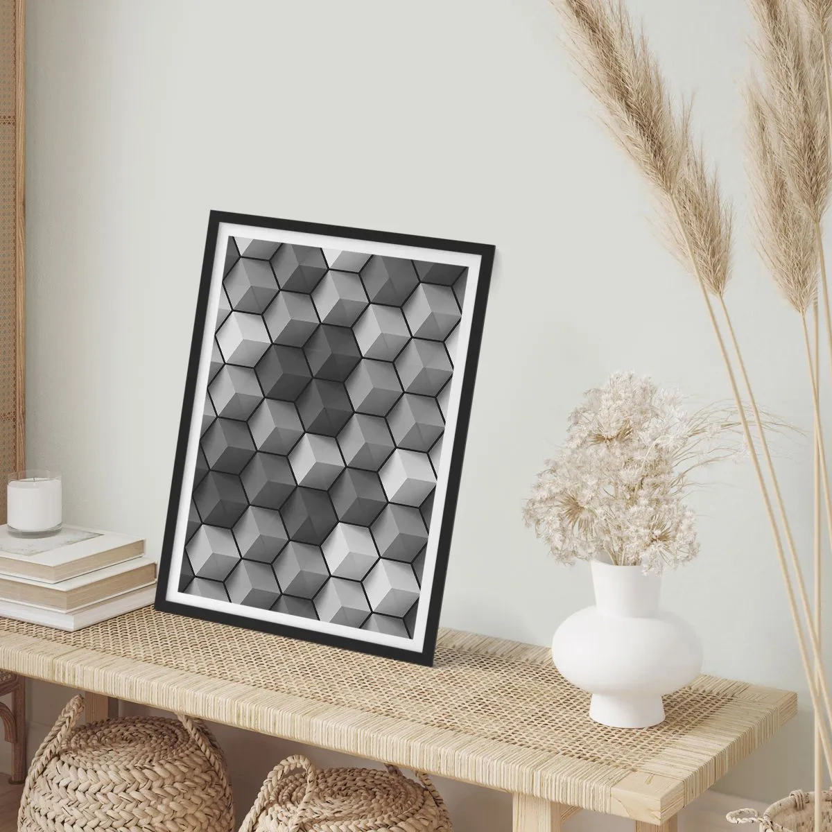 Plakat w czarnej ramie - Czarno-biała kompozycja geometrycznych sześcianów 3D - 50x70cm - Kubistyczna układanka - Nowoczesna dekoracja ścienna do salonu i sypialni ARTTOR