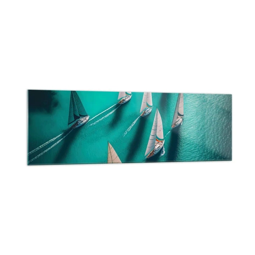Obraz na szkle - Jachty na turkusowej wodzie w dynamicznym ruchu - 160x50cm - W zawody z wiatrem - Nowoczesna dekoracja ścienna do salonu i sypialni ARTTOR