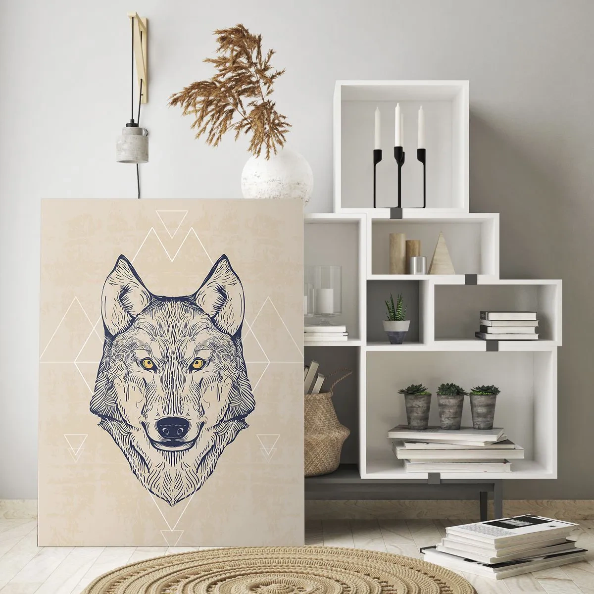 Obraz na szkle - Głowa wilka na tle geometrycznych wzorów - 50x70cm - Alfa o przenikliwym spojrzeniu - Nowoczesna dekoracja ścienna do salonu, kuchni i sypialni ARTTOR