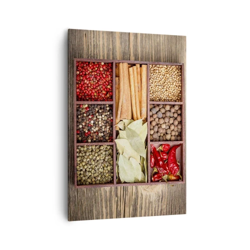 Obraz na płótnie - Drewniane pudełko z różnorodnymi przyprawami w przegródkach - 70x100cm - Porządek kształtów, bukiet aromatów - Nowoczesna dekoracja ścienna do salonu i sypialni ARTTOR