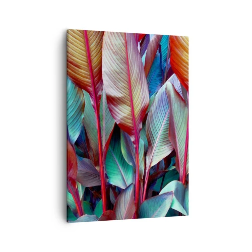 Obraz na płótnie - Barwne tropikalne liście w odcieniach zieleni, czerwieni i błękitu - 50x70cm - Kolorowy gąszcz - Nowoczesna dekoracja ścienna do salonu, kuchni i sypialni ARTTOR