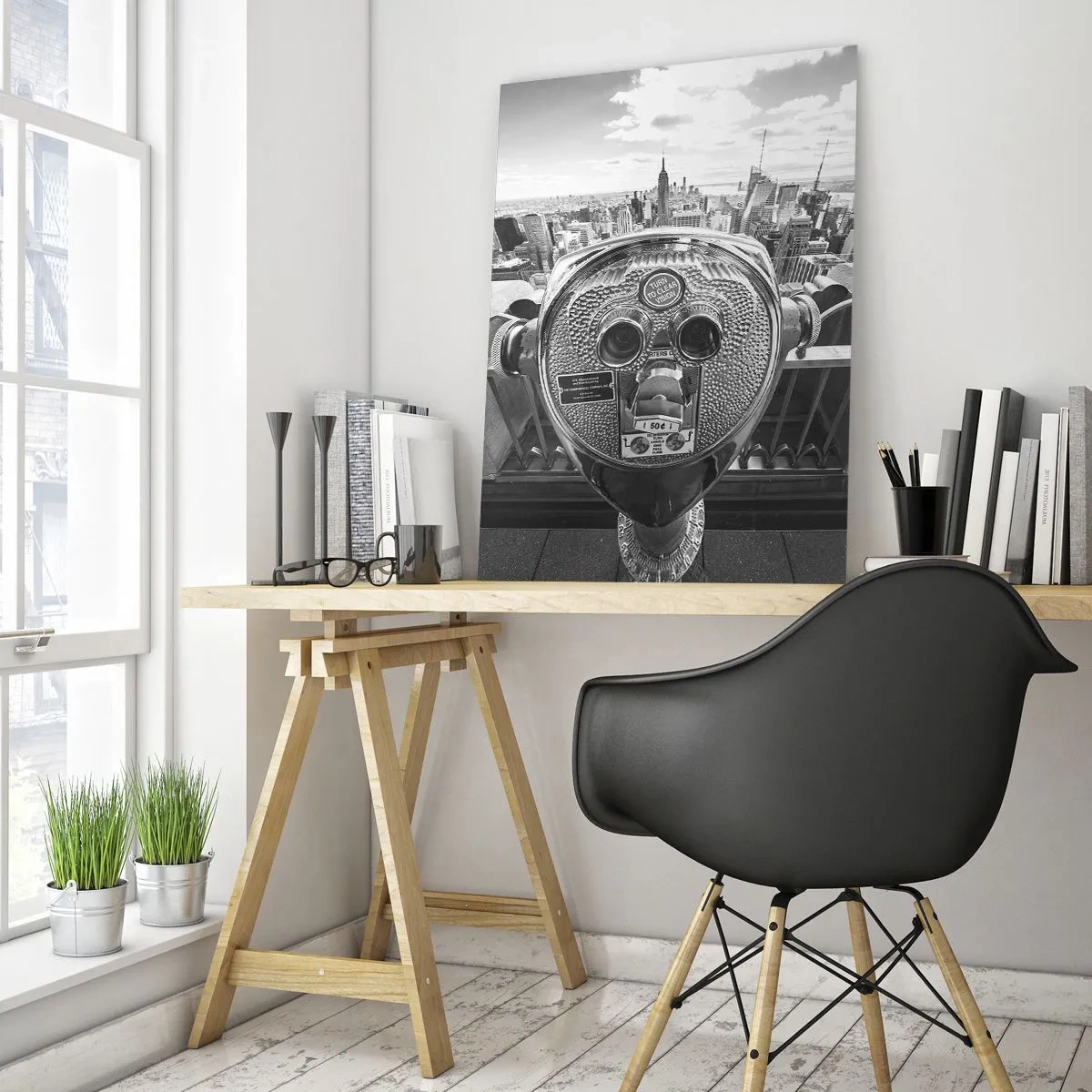 Obraz na szkle - Czarno-biały widok na Nowy Jork z teleskopem obserwacyjnym - 50x70cm - Miasto nad miastami - Nowoczesna dekoracja ścienna do salonu, kuchni i sypialni ARTTOR