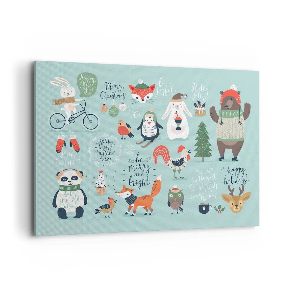 Obraz na płótnie - Świąteczna ilustracja zwierząt w zimowym klimacie - 100x70cm - Niech zawsze już będą święta! - Nowoczesna dekoracja ścienna do salonu, kuchni i sypialni ARTTOR