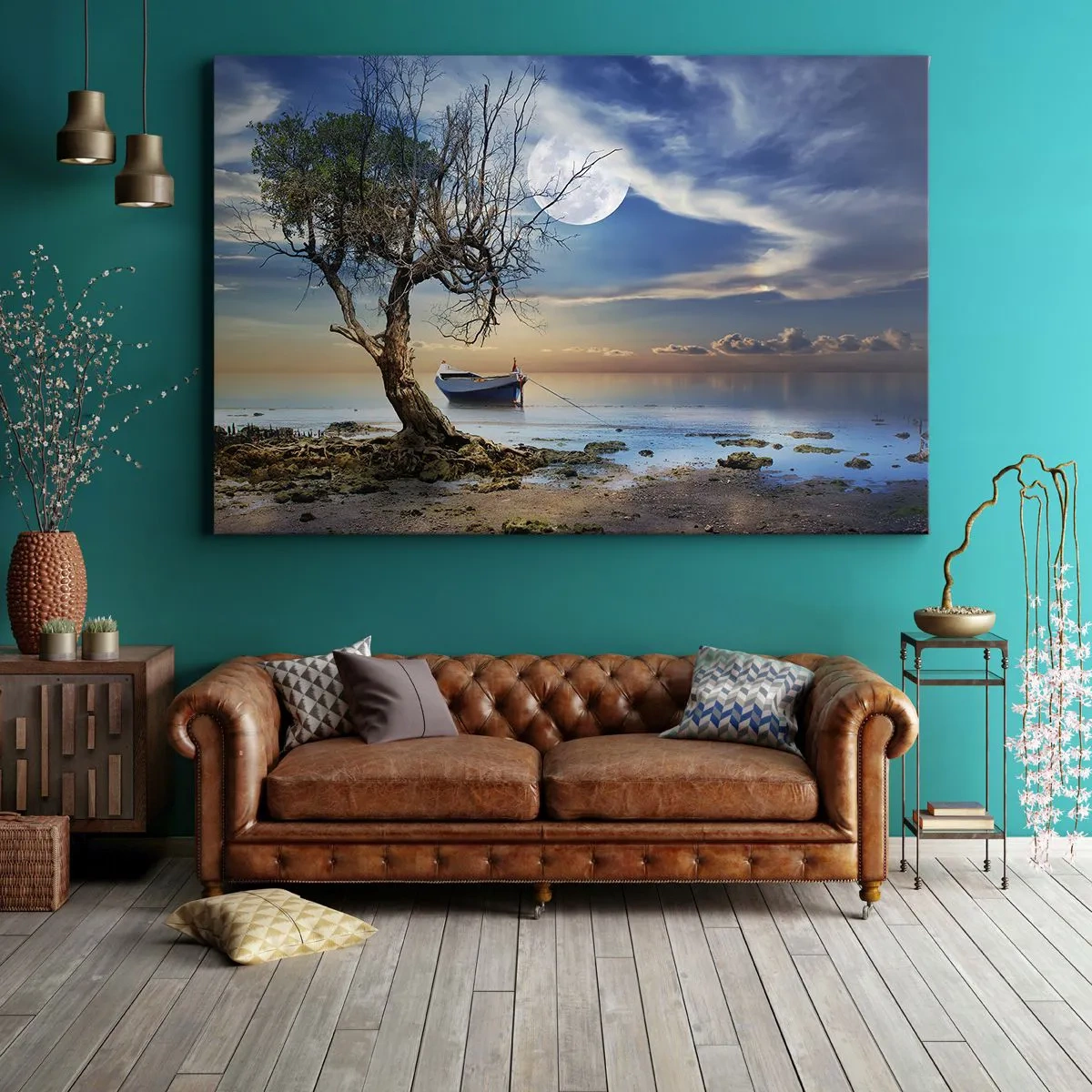 Obraz na płótnie - Samotne drzewo i łódź na spokojnej wodzie pod pełnią księżyca - 70x50cm - To koniec czy początek? - Nowoczesna dekoracja ścienna do salonu i sypialni ARTTOR