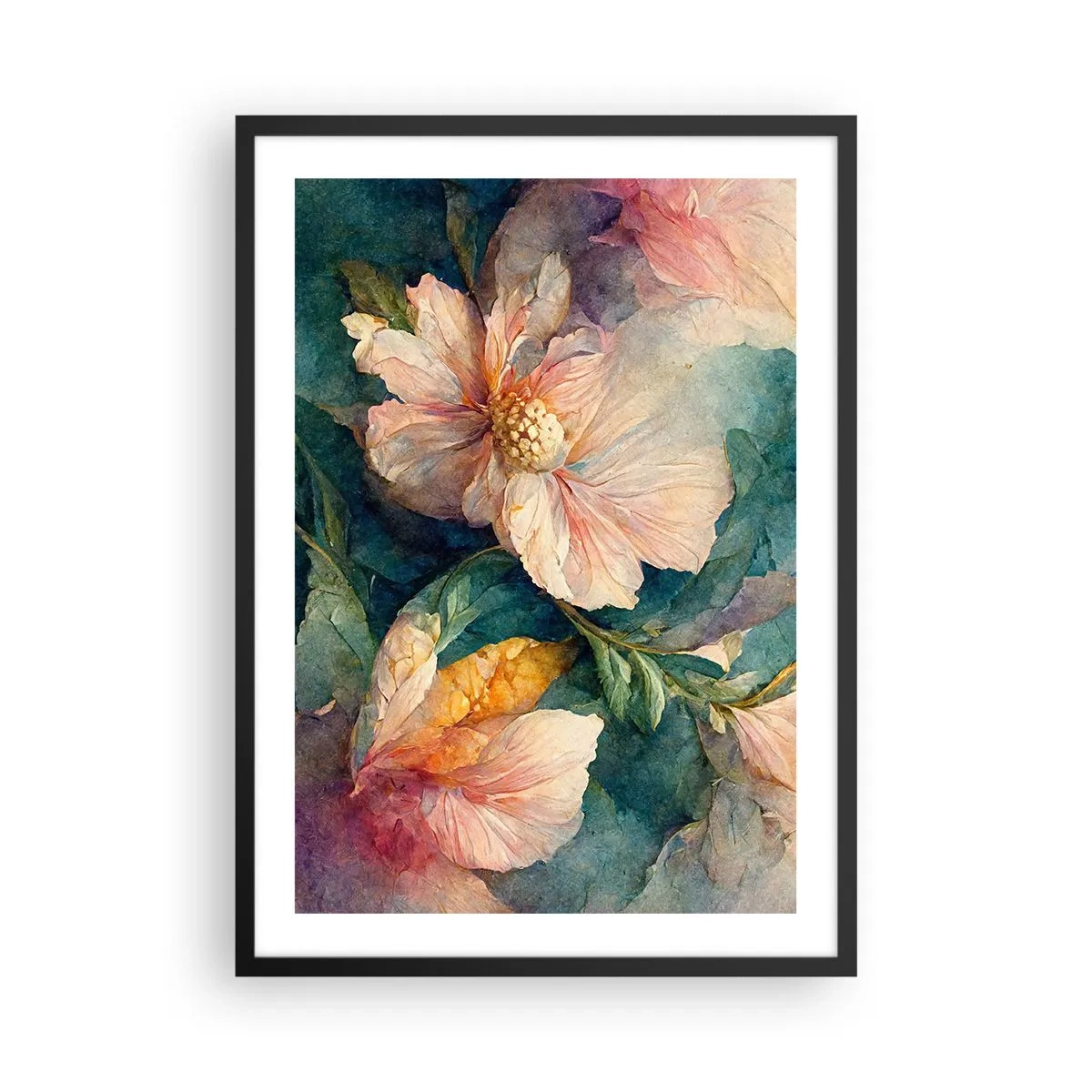 Plakat w czarnej ramie - Delikatne kwiaty w akwarelowym stylu - 50x70cm - Sama subtelność - Nowoczesna dekoracja ścienna do salonu i sypialni ARTTOR