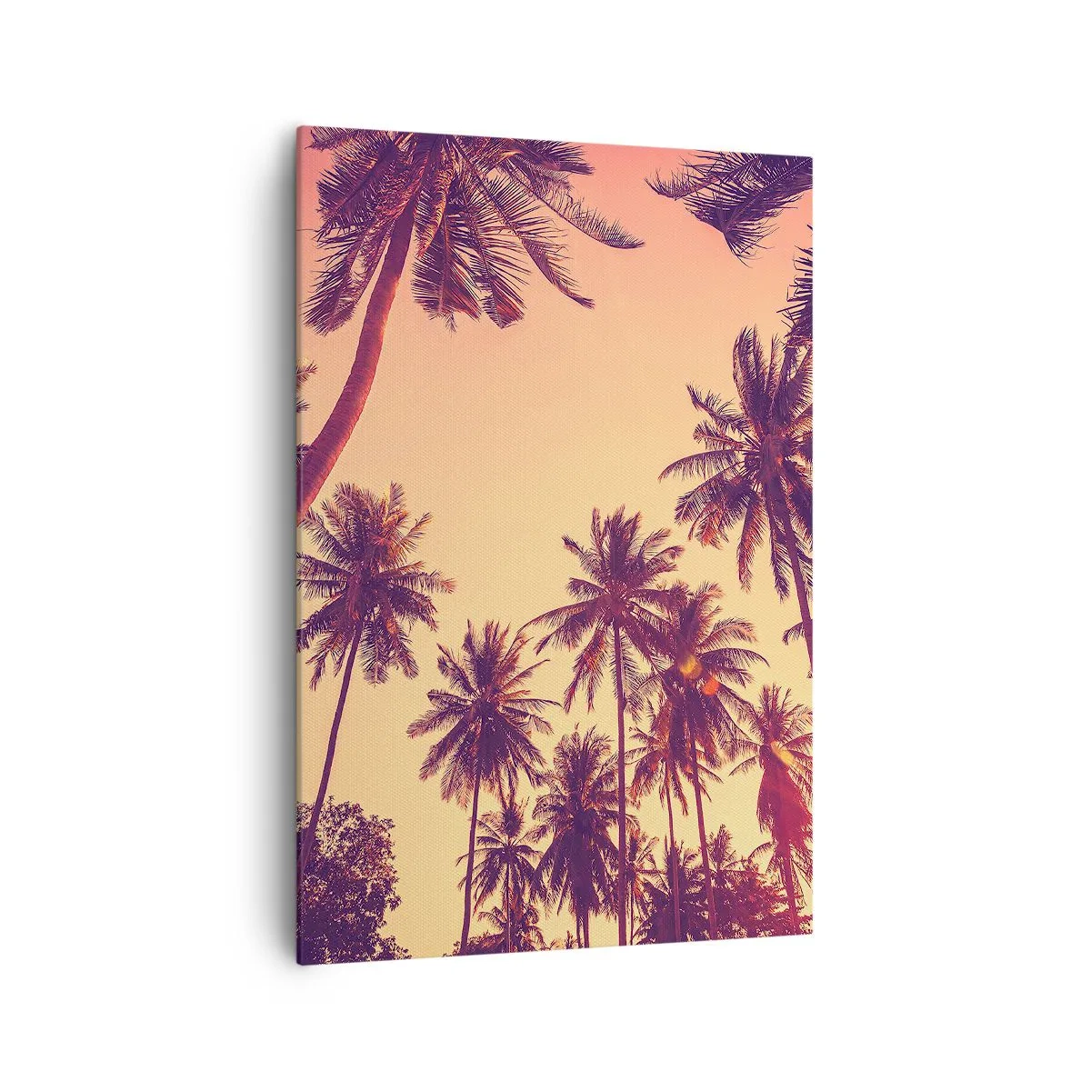 Obraz na płótnie - Palmy na tle nieba o ciepłych barwach zachodu słońca - 70x100cm - Tropikalna wariacja - Nowoczesna dekoracja ścienna do salonu i sypialni ARTTOR