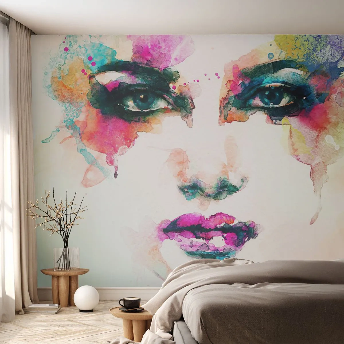 Fototapeta Premium Canvas - Abstrakcyjny portret kobiety w intensywnych barwach - 100x70cm - Portret malowany tęczą - Nowoczesna dekoracja ścienna do salonu i sypialni ARTTOR