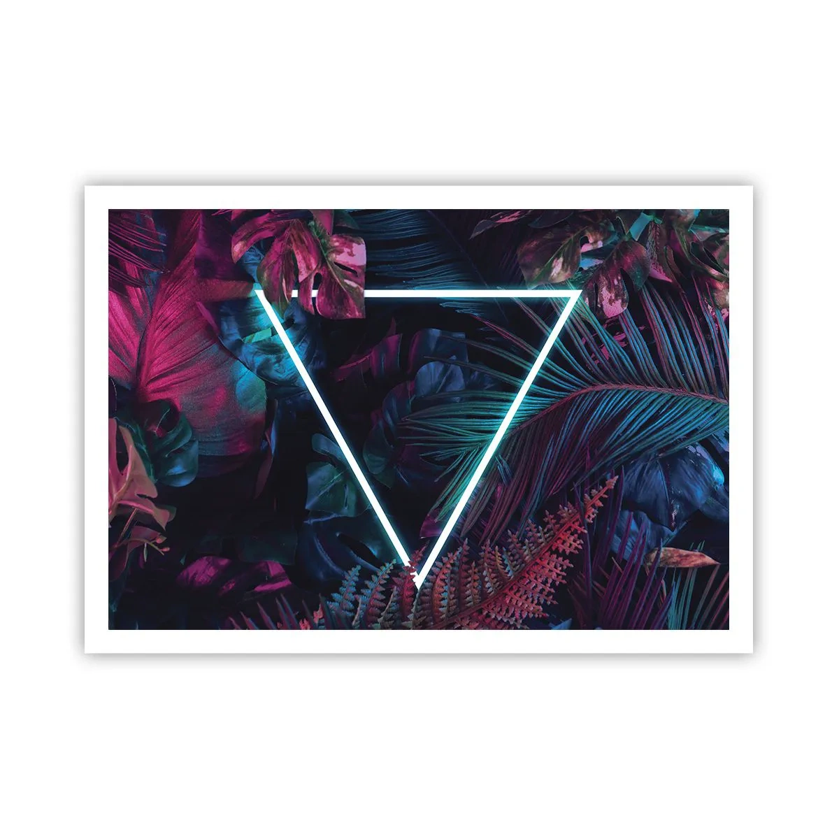 Plakat - Neonowy trójkąt w otoczeniu tropikalnych liści w ciemnych barwach - 100x70cm - Ogród w stylu disco - Nowoczesna dekoracja ścienna do salonu i sypialni ARTTOR