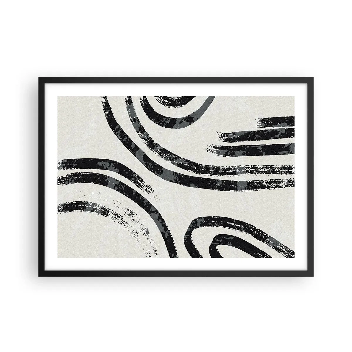 Plakat w czarnej ramie - Czarno-białe abstrakcyjne linie na jasnym tle - 70x50cm - W pół zatrzymany - Nowoczesna dekoracja ścienna do salonu i sypialni ARTTOR