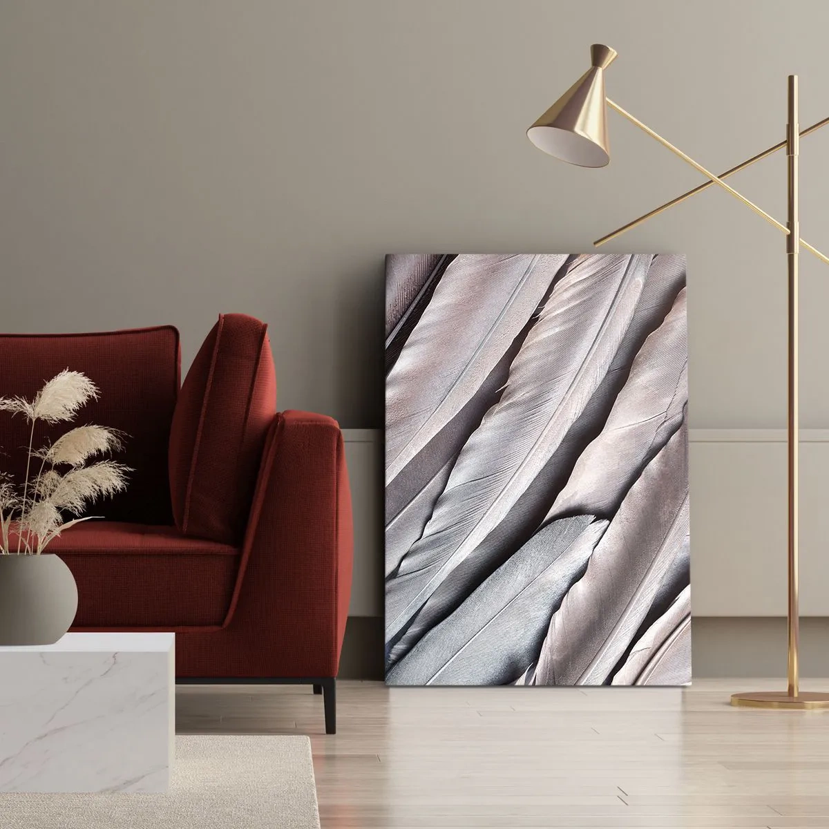 Obraz na płótnie - Delikatne pióra w subtelnych odcieniach szarości i beżu - 80x120cm - W różowej srebrzystości - Nowoczesna dekoracja ścienna do salonu i sypialni ARTTOR