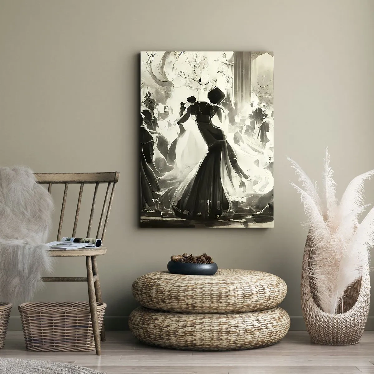 Obraz na płótnie - Elegancka ilustracja tańczących kobiet w wieczorowych sukniach na balu - 50x70cm - Wielka maskarada - Nowoczesna dekoracja ścienna do salonu, kuchni i sypialni ARTTOR
