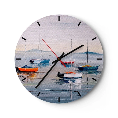 Zegar ścienny - Kolorowe łodzie cumujące spokojnie na tafli wody - 30x30cm - Zasłużony odpoczynek - Nowoczesna dekoracja ścienna do salonu, kuchni i sypialni ARTTOR