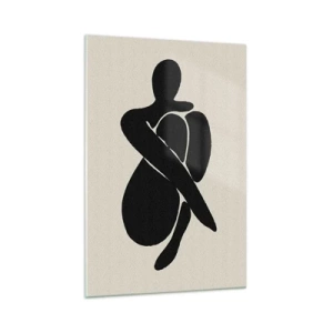 Obraz na szkle - Minimalistyczna sylwetka osoby w abstrakcyjnej pozie na jasnym tle - 70x100cm - We własnych objęciach - Nowoczesna dekoracja ścienna do salonu i sypialni ARTTOR