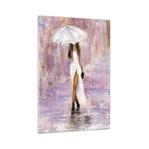 Obraz na szkle - Kobieta z parasolką spacerująca w deszczu w liliowych tonacjach - 80x120cm - W liliowym deszczu - Nowoczesna dekoracja ścienna do salonu i sypialni ARTTOR