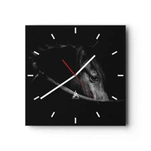 Zegar ścienny - Czarno-biały portret konia w subtelnej grze światła i cienia na ciemnym tle - 30x30cm - Czarny książę - Nowoczesna dekoracja ścienna do salonu i sypialni ARTTOR