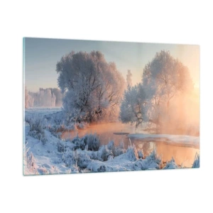 Obraz na szkle - Zimowy krajobraz z zamarzniętym jeziorem i mgłą o poranku - 120x80cm - Wszystko w słonecznym lśni krysztale - Nowoczesna dekoracja ścienna do salonu, kuchni i sypialni ARTTOR