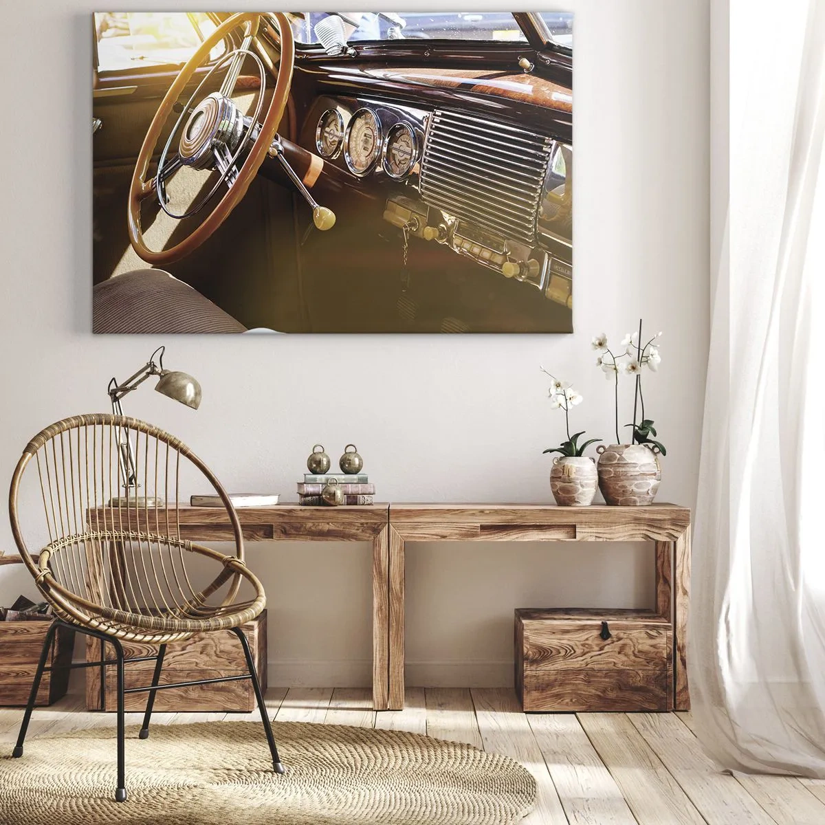 Obraz na płótnie - Zbliżenie na wnętrze klasycznego samochodu z drewnianymi i chromowanymi detalami - 70x50cm - Powiew luksusu z przeszłości - Nowoczesna dekoracja ścienna do salonu i sypialni ARTTOR