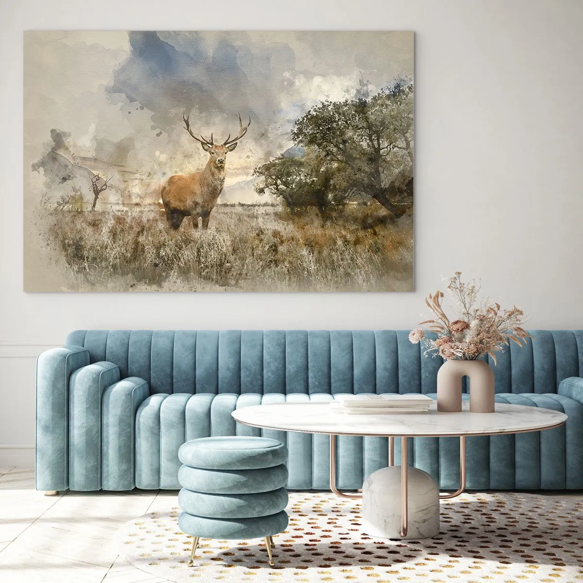 Obraz na szkle - Jeleń w naturalnym krajobrazie na tle subtelnych barw - 120x80cm - Godność - siła - dostojeństwo - Nowoczesna dekoracja ścienna do salonu, kuchni i sypialni ARTTOR