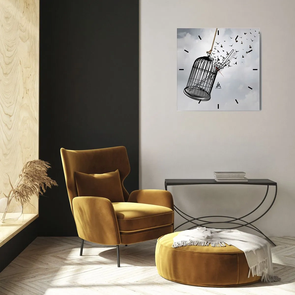 Zegar ścienny - Ptaki wylatujące z klatki na tle nieba - 30x30cm - Wiara...Nadzieja...Wolność! - Nowoczesna dekoracja ścienna do salonu i sypialni ARTTOR