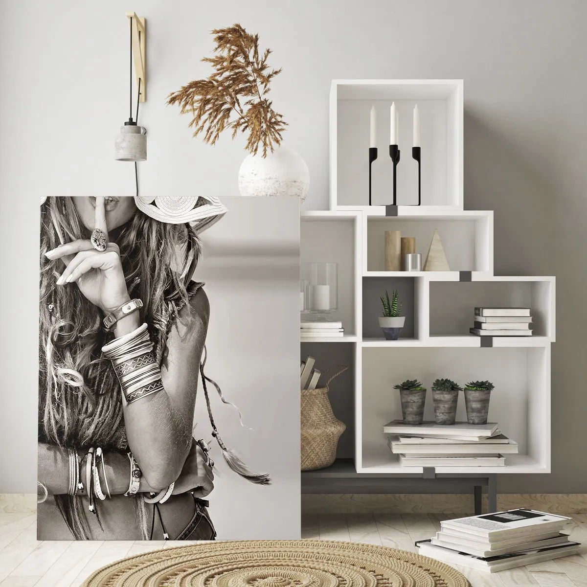 Obraz na szkle - Portret kobiety w stylu boho z biżuterią - 80x120cm - Jak to dziewczyna - Nowoczesna dekoracja ścienna do salonu i sypialni ARTTOR