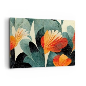 Obraz na płótnie - Kwiaty w intensywnych odcieniach pomarańczu i zieleni - 100x70cm - Żar tropików i chłód zieleni - Nowoczesna dekoracja ścienna do salonu, kuchni i sypialni ARTTOR