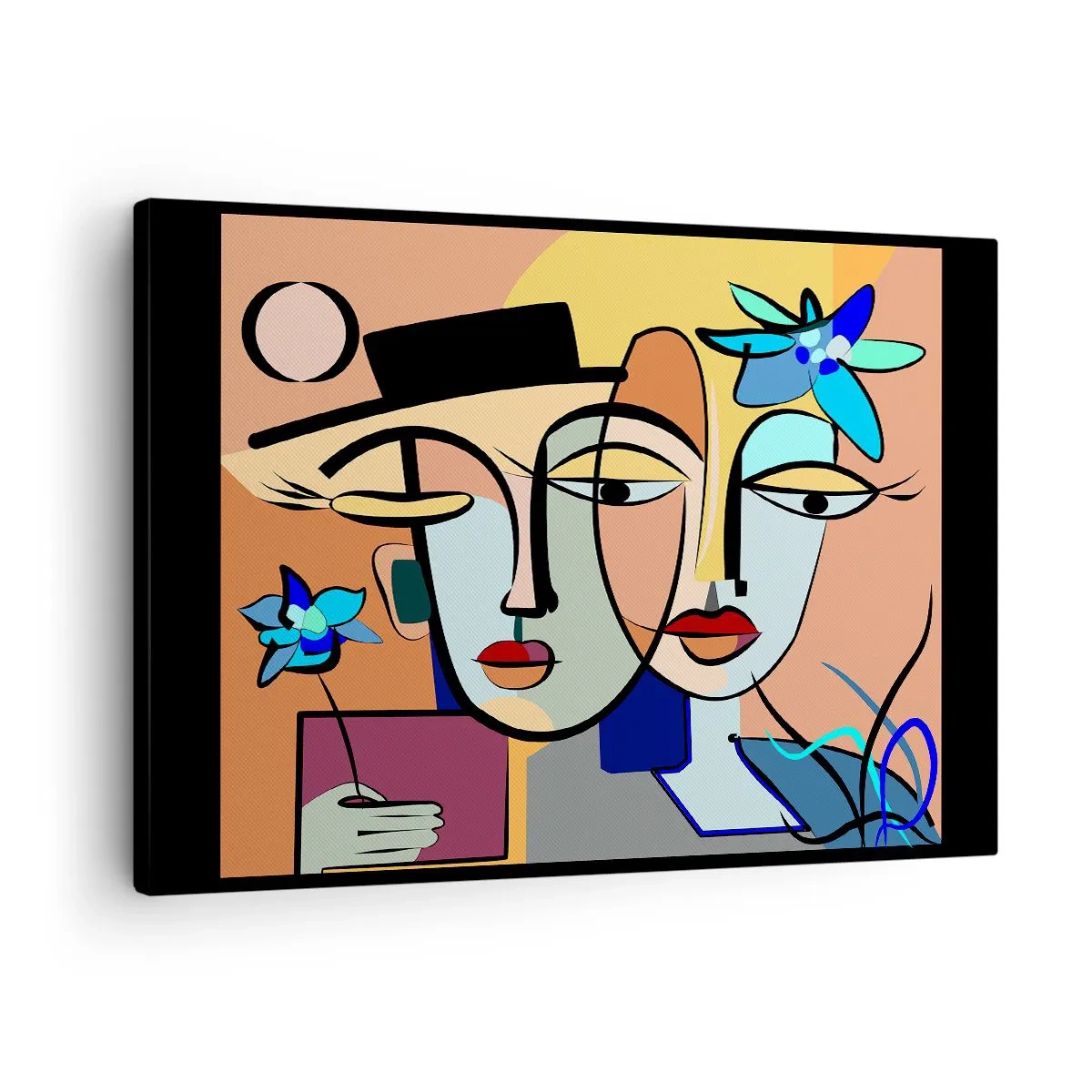 Obraz na płótnie - Kubistyczne portrety w żywych kolorach z kwiatowym motywem - 70x50cm - Picassowskie randez vous - Nowoczesna dekoracja ścienna do salonu i sypialni ARTTOR