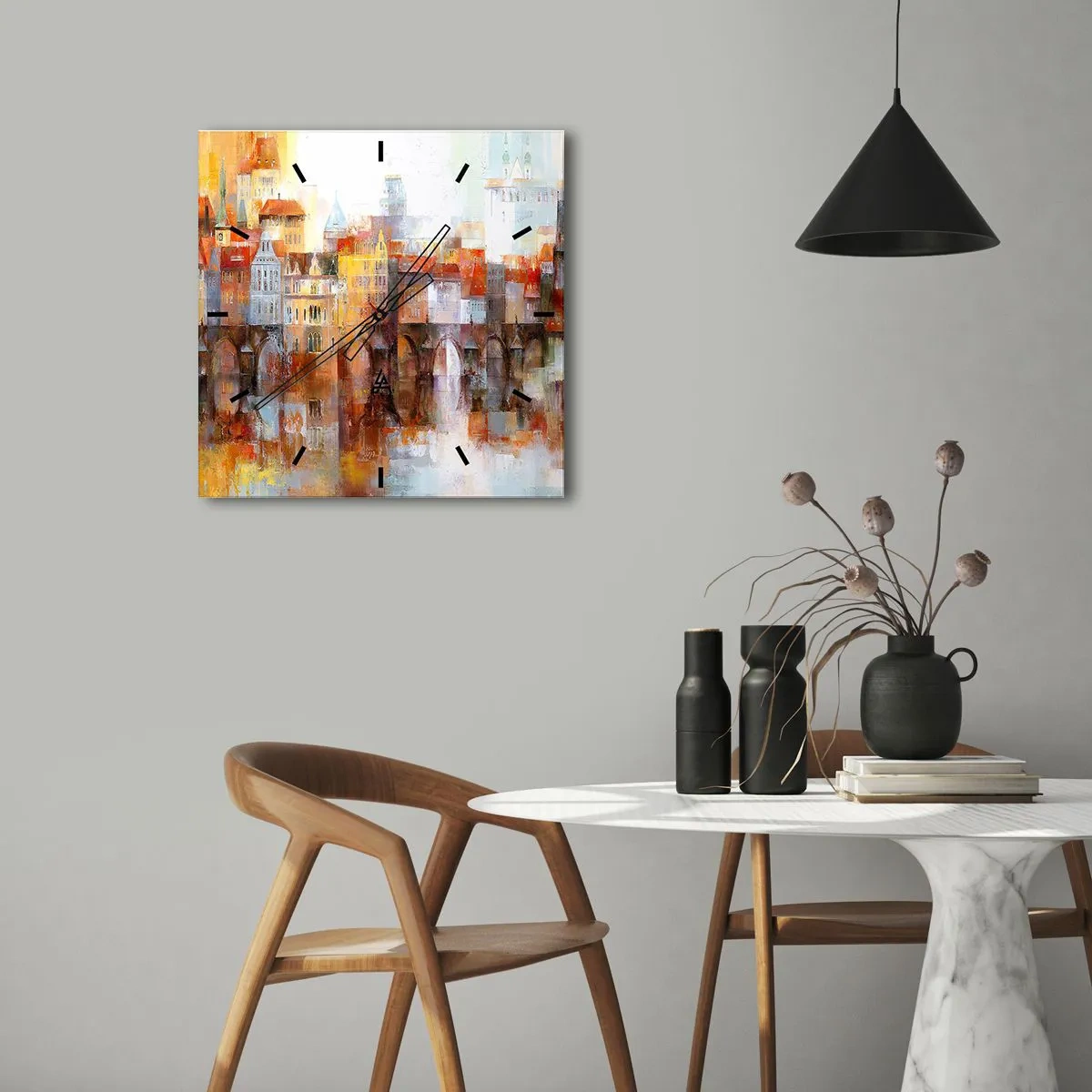 Zegar ścienny - Malownicza panorama miasta z mostem w jesiennych barwach - 30x30cm - Pod mostem też pięknie - Nowoczesna dekoracja ścienna do salonu i sypialni ARTTOR