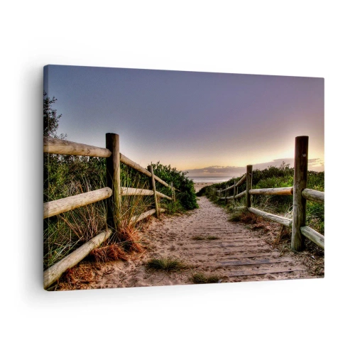 Obraz na płótnie - Drewniana ścieżka na wydmach prowadząca na plażę o zachodzie słońca - 70x50cm - Już widać cel - Nowoczesna dekoracja ścienna do salonu i sypialni ARTTOR
