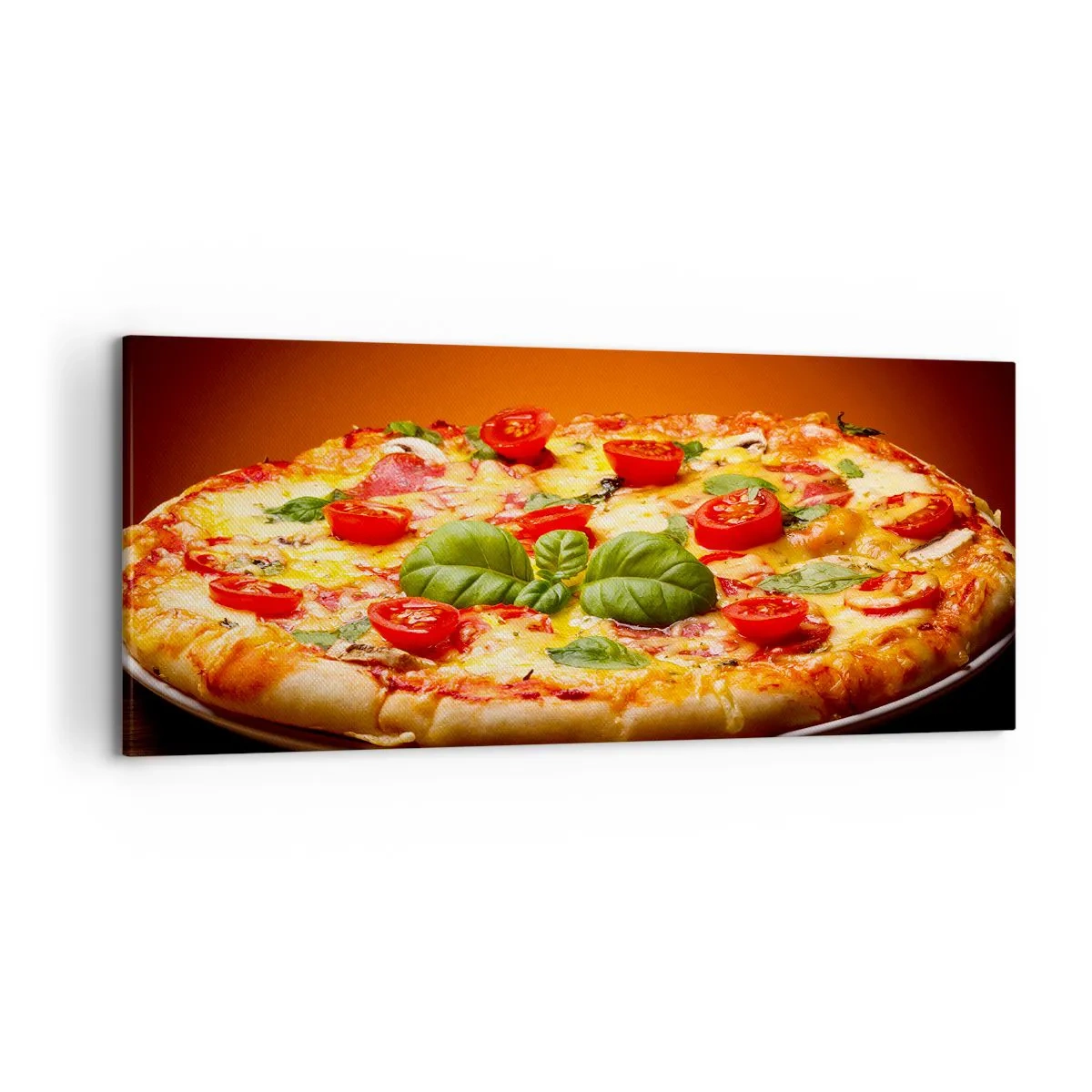 Obraz na płótnie - Pizza z pomidorami i bazylią na drewnianym stole - 120x50cm - Mamma mia! - Nowoczesna dekoracja ścienna do salonu i sypialni ARTTOR