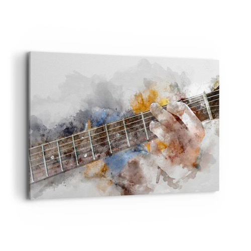 Obraz na płótnie - Abstrakcyjny obraz ręki grającej na gitarze - 100x70cm - Poezja między strunami - Nowoczesna dekoracja ścienna do salonu, kuchni i sypialni ARTTOR