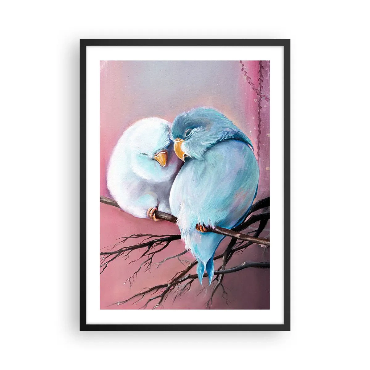 Plakat w czarnej ramie - Dwa ptaki siedzące na gałęzi w romantycznej scenerii - 50x70cm - Cóż tu dodać?… - Nowoczesna dekoracja ścienna do salonu i sypialni ARTTOR