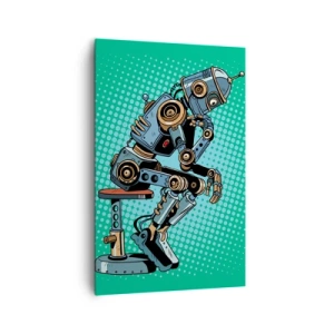 Obraz na płótnie - Robot myśliciel w stylu pop-art na zielonym tle - 80x120cm - Nad istotą bytu - Nowoczesna dekoracja ścienna do salonu i sypialni ARTTOR