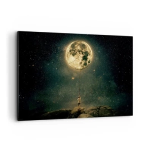 Obraz na płótnie - Człowiek z Księżycem na tle gwieździstego nieba - 120x80cm - Jeden taki, co ukradł Księżyc - Nowoczesna dekoracja ścienna do salonu, kuchni i sypialni ARTTOR