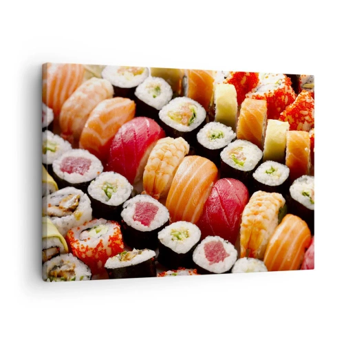 Obraz na płótnie - Kolorowe sushi ułożone w rzędy z różnorodnymi dodatkami - 70x50cm - Barwy i smaki Azji - Nowoczesna dekoracja ścienna do salonu i sypialni ARTTOR