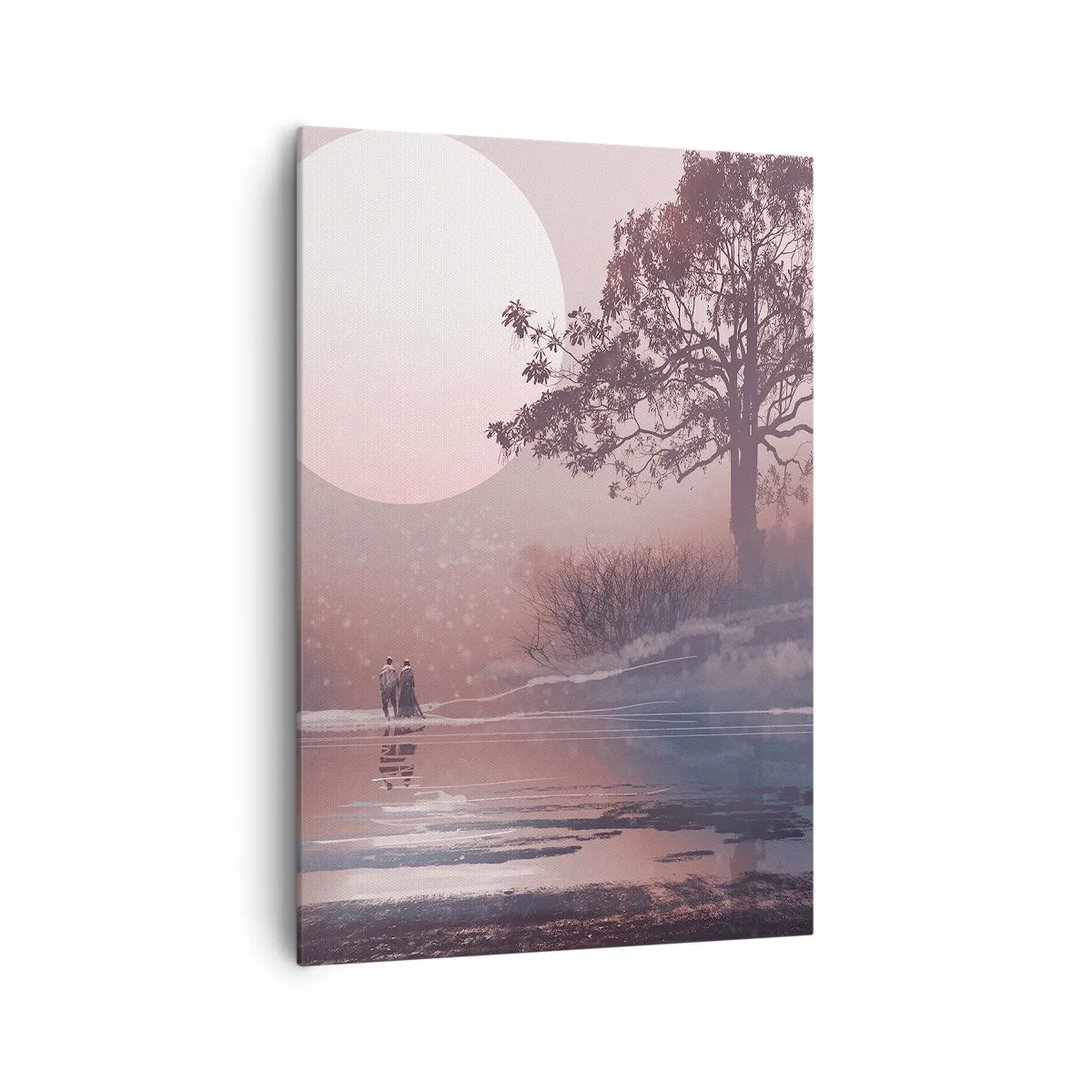 Obraz na płótnie - Romantyczna scena z księżycem i drzewem nad wodą - 70x100cm - Nocne dziwy - Nowoczesna dekoracja ścienna do salonu i sypialni ARTTOR