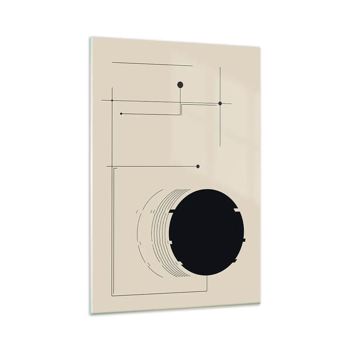 Obraz na szkle - Czarne geometryczne linie i okrąg na beżowym tle - 80x120cm - Sprężysta i dynamiczna kompozycja - Nowoczesna dekoracja ścienna do salonu i sypialni ARTTOR
