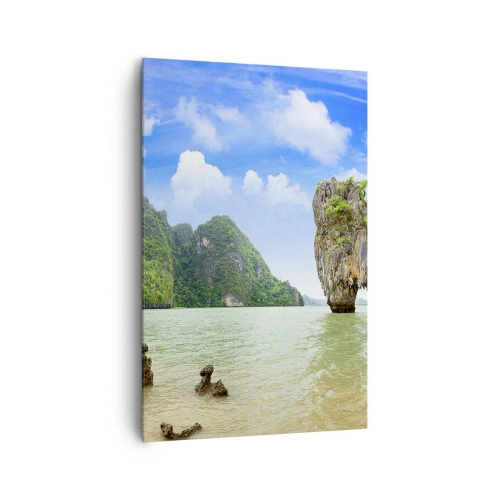 Obraz na płótnie - Egzotyczna formacja skalna otoczona wodą i zielenią pod błękitnym niebem - 80x120cm - Skalne dziwy natury - Nowoczesna dekoracja ścienna do salonu i sypialni ARTTOR