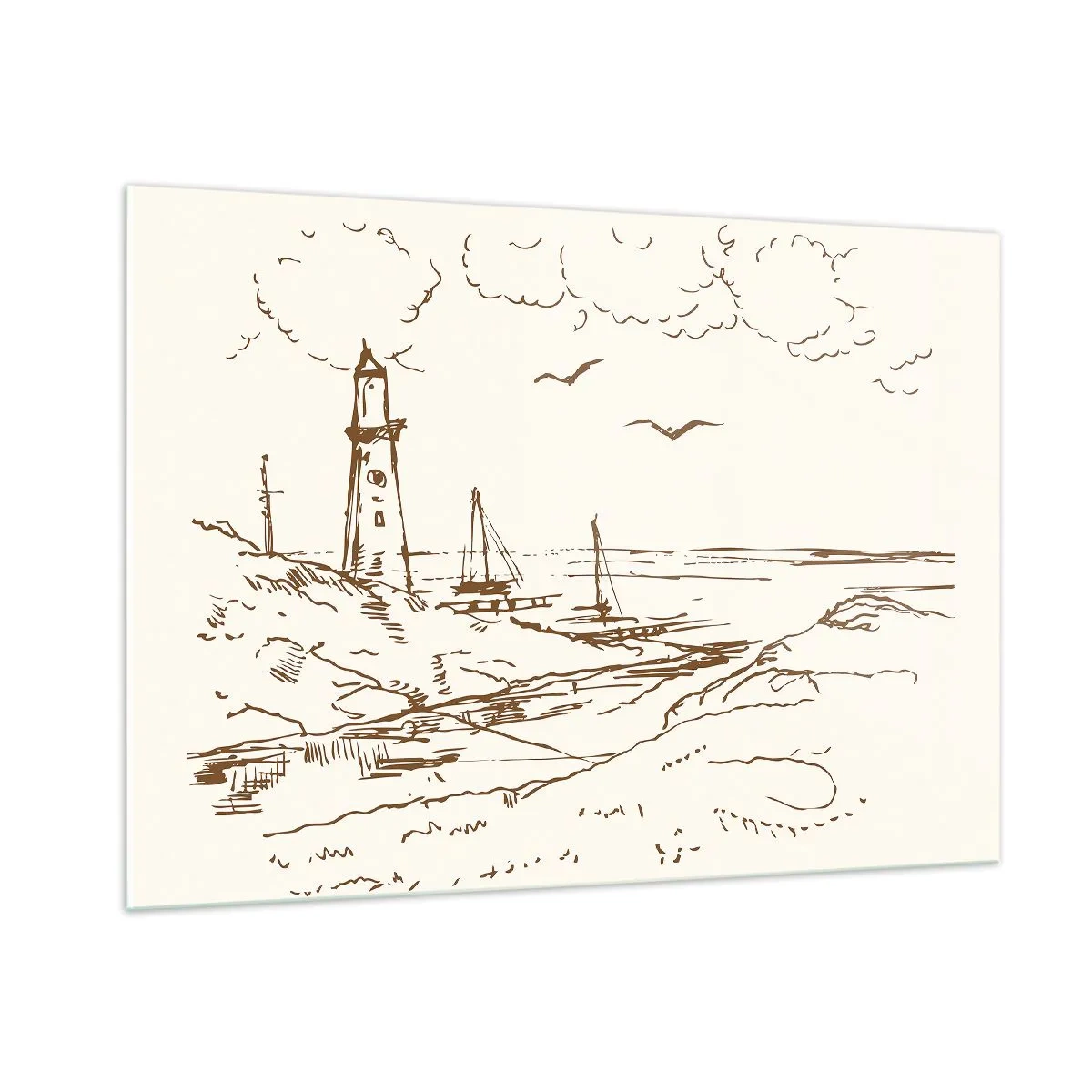 Obraz na szkle - Szkic latarni morskiej na nadmorskim krajobrazie - 100x70cm - Zarys wspomnienia lata - Nowoczesna dekoracja ścienna do salonu, kuchni i sypialni ARTTOR