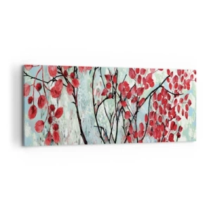 Obraz na płótnie - Czerwone liście na tle jasnego nieba z abstrakcyjnymi wzorami - 120x50cm - Drzewo w szkarłacie - Nowoczesna dekoracja ścienna do salonu i sypialni ARTTOR